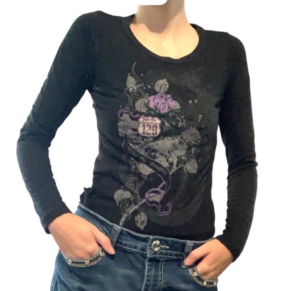 Y2K Early 2000s Grunge Biker Print Fitted Long Sleeve Shirt Small